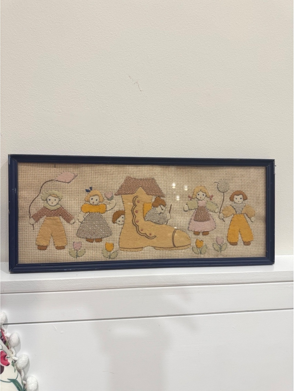 Vintage Framed Needlepoint Wall Art Featuring Children and a Boot, 24" x 12"